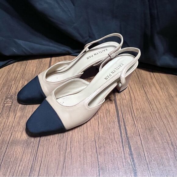 Kaitlyn Pan Shoes - Kaitlyn Pan Beige Nude Black Cap Toe Block Heel Women’s Size 8.5